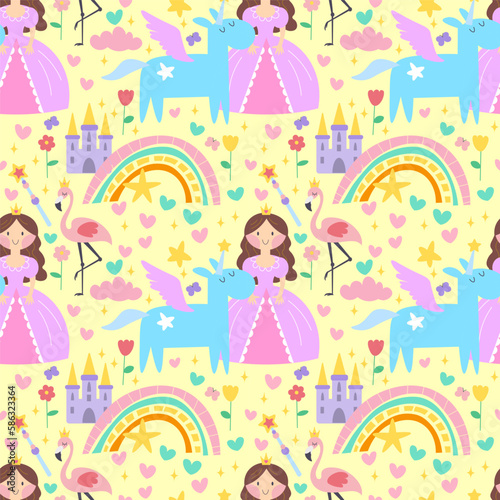 Princess seamless pattern with unicorn, castle and rainbow in scandinavian flat style. Girl creative vector childish background for fabric, textile poster, clothing, nursery wall art and card. EPS