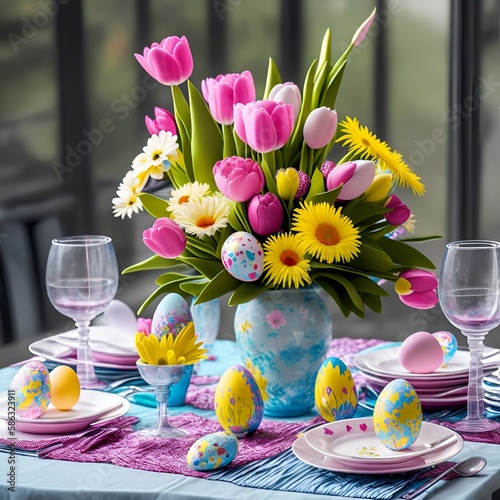 The picture shows a beautifully decorated easter table set 1 Generative AI photo