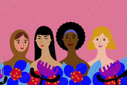 Multiethnic group of women. Illustration with many female faces of different nationalities and colors. Women's solidarity, ethnic tolerance, women's society. Flat vector illustration