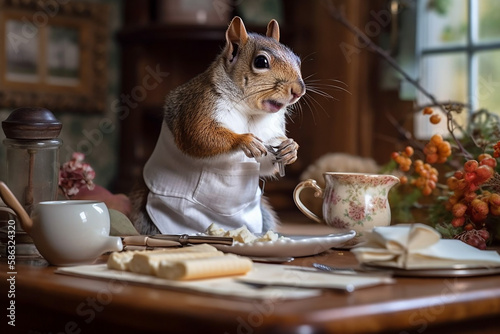 funny squirrel housewife is baking pies in the home kitchen,generative ai