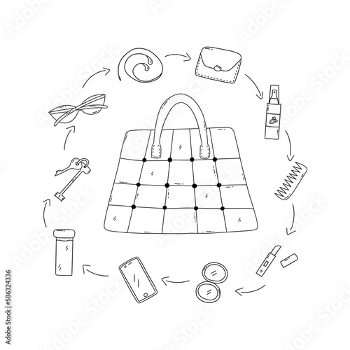 Womens roomy tote bag and things. Headphones and phone, wallet and keys, sunglasses and comb, mirror and lipstick, water bottle. Black and white vector isolated illustration doodle hand drawn
