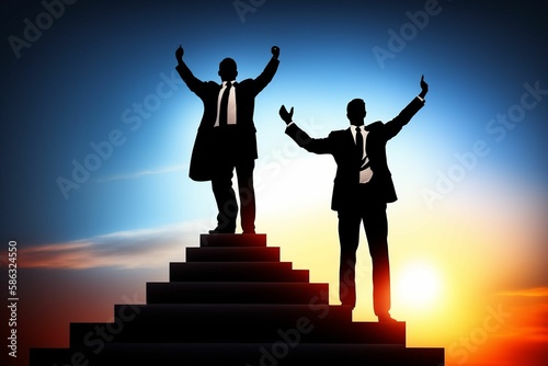 Silhouette of businessman celebrating raising arms on the top stairs with over sunlight. Concept of leadership successful achievement with goal,winner,success,growth,achieve,up,win