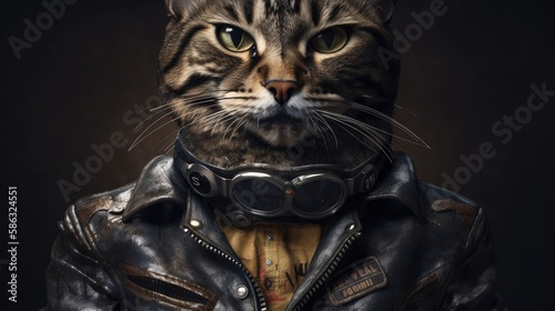 Cool biker cat in a trendy leather jacket. Portrait of a cat on a dark background. Generative AI