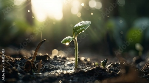 Close up Young seed germination and plant growing with rain water drop over green and morning sunlight environment. ai generative.