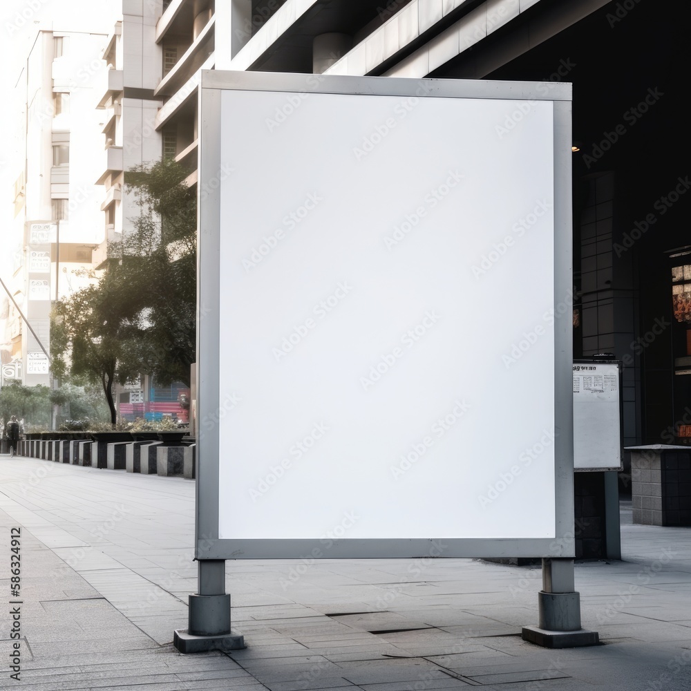 Public space advertisement board featuring an empty blank white signboard, offering ample copy space for customizable messaging. Conceived by AI. Public space advertisement board featuring an empty blank white signboard, offering ample copy space for customizable messaging. Conceived by AI.