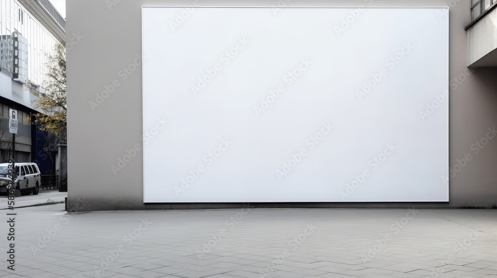 Landscape blank white billboard on city street. In the background buildings and road. Mock up. Poster on street next to roadway. Conceived by AI. Landscape blank white billboard on city street. In the background buildings and road. Mock up. Poster on street next to roadway. Conceived by AI.