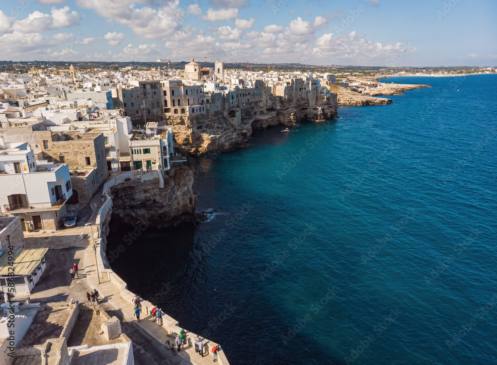 Aerial view of Polignano a Mare old town, a small city along the coast facing the Mediterranean Sea, Bari, Italy.