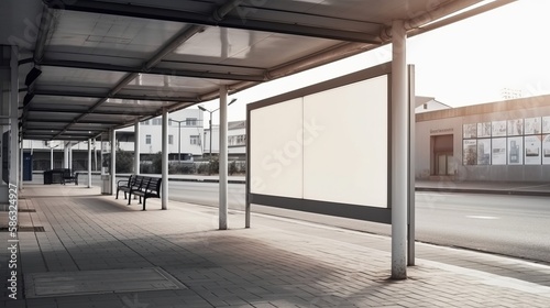 Public space advertisement board featuring an empty blank white signboard, offering ample copy space for customizable messaging. Conceived by AI. © qntn