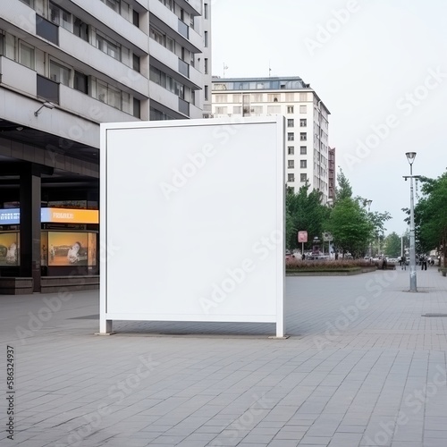 Public space advertisement board featuring an empty blank white signboard  offering ample copy space for customizable messaging. Conceived by AI.