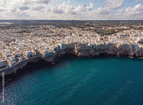 Polignano a Mare drone shot. Aerial view shot of Cala Paura in Puglia, Polignano.