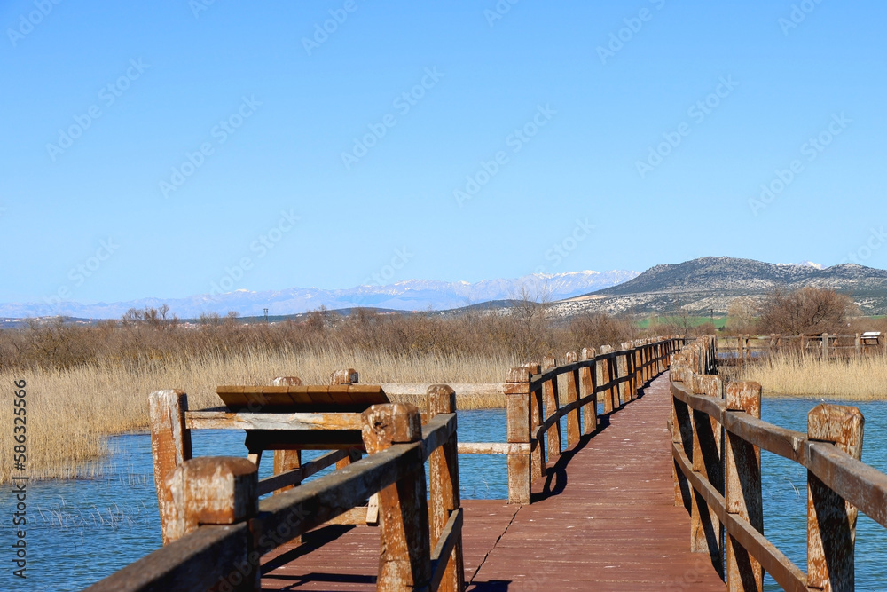 Wooden promenade and beautiful landscape, Lake Vrana, Croatia.