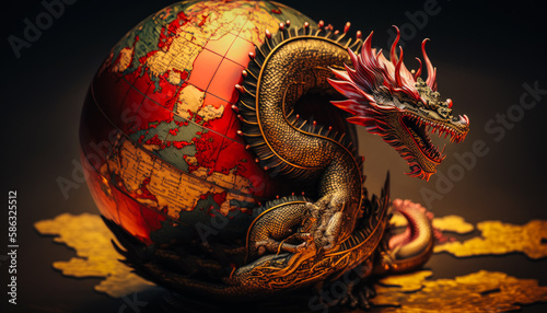 a fierce red dragon crawling around a globus of earth, symbolizing the power and dominance of China in the global arena. Generated AI.