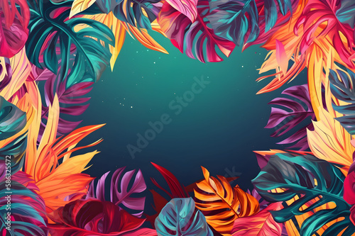 Bright, colored tropical leaves on a blue background, with an empty space in the center. With Generative AI tehnology