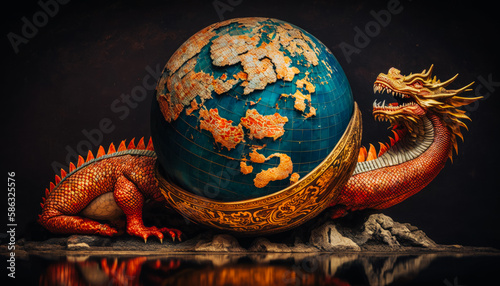 a fierce red dragon crawling around a globus of earth, symbolizing the power and dominance of China in the global arena. Generated AI.