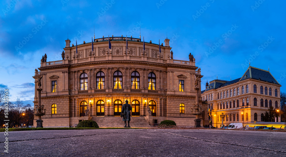 Fototapeta premium Prague city downtown skyline with government buildings at dusk in Czech Republic