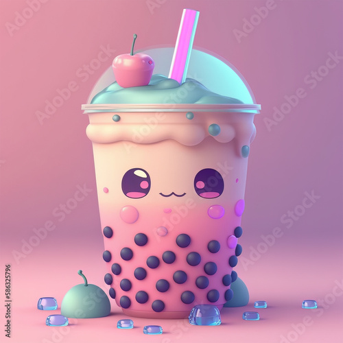Cute pink pastel boba tea on pastel background photo