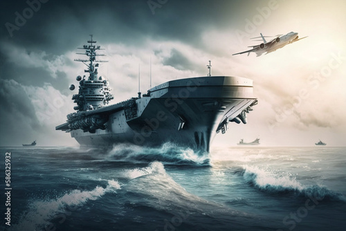 aircraft carrier with launched fighter jet at sea at sunrise, fictional army affiliation and location. Generative AI