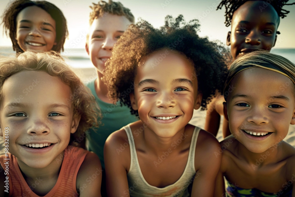 group of children on the beach, multiethnic children are friends and take a selfie. Generative AI