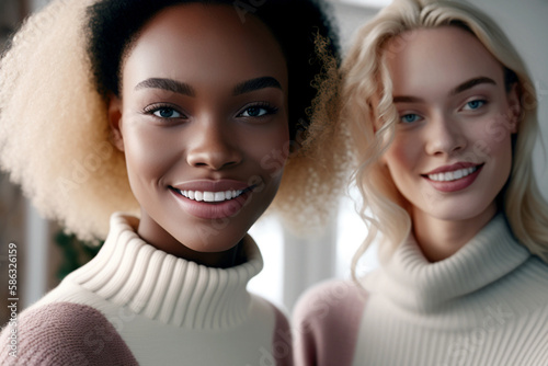young african american black woman and and white caucasian woman with blond hair wearing turtleneck sweater, contentment and relaxation. Generative AI photo