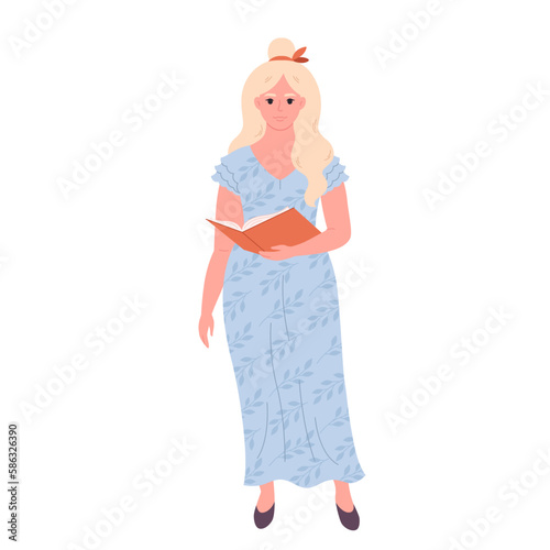 Woman with book. School teacher, librarian, business woman. Vector illustration in flat style