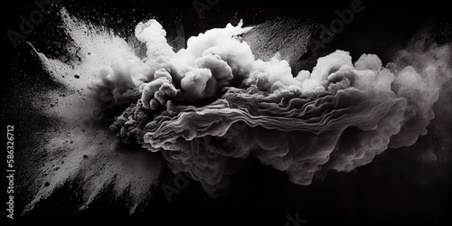 Black and white powder explosion abstract background. Sand dust texture. Ai generated decorative Black and white sand powder horizontal illustration.