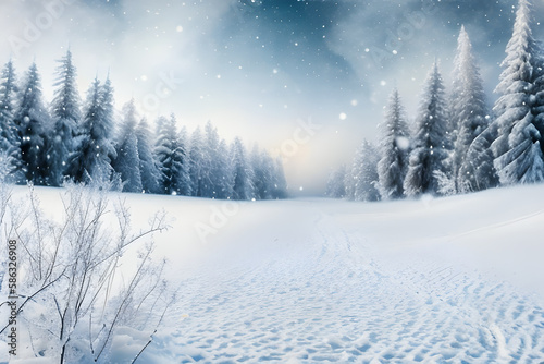 積雪、雪に覆われた森野の道、美しい雪景色 © sky studio