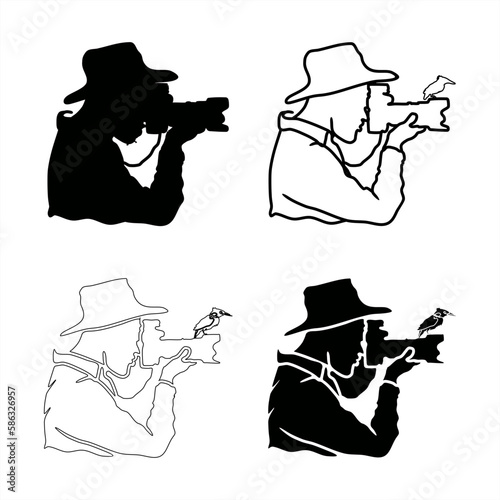 set of monochrome illustrations of a wildlife photographer with a bird perched on the edge of the lens
