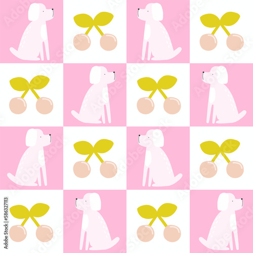 Wallpaper Mural Pink checkerboard seamless pattern with cherry berry and puppy. Cute childish print. Vector hand drawn illustration. Torontodigital.ca