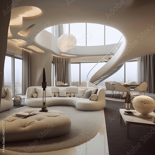 Futuristic design interior living room with sofas and armchairs in beige tones, generative ai
