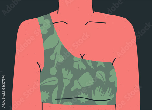 Female bust in a bra with a strap on one shoulder. Upper female part of a body in a top with a floristic print. Vector trendy illustration for design.