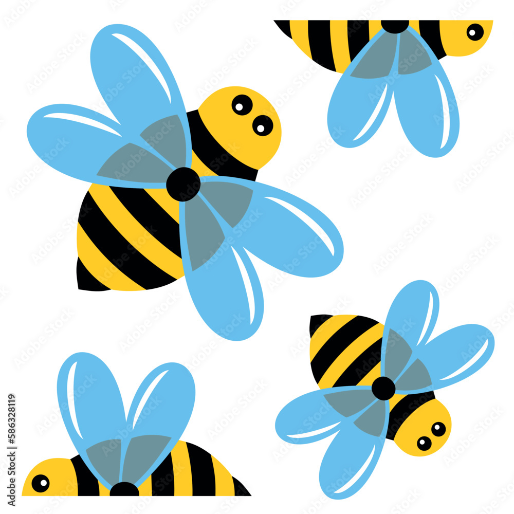 Pszczoła - owad zbierający nektar. Prosty, kolorowy rysunek pszczoły, ilustracja wektorowa. Pszczółki, kolorowe owady latające. Miód, wosk pszczeli - obrazy, fototapety, plakaty 