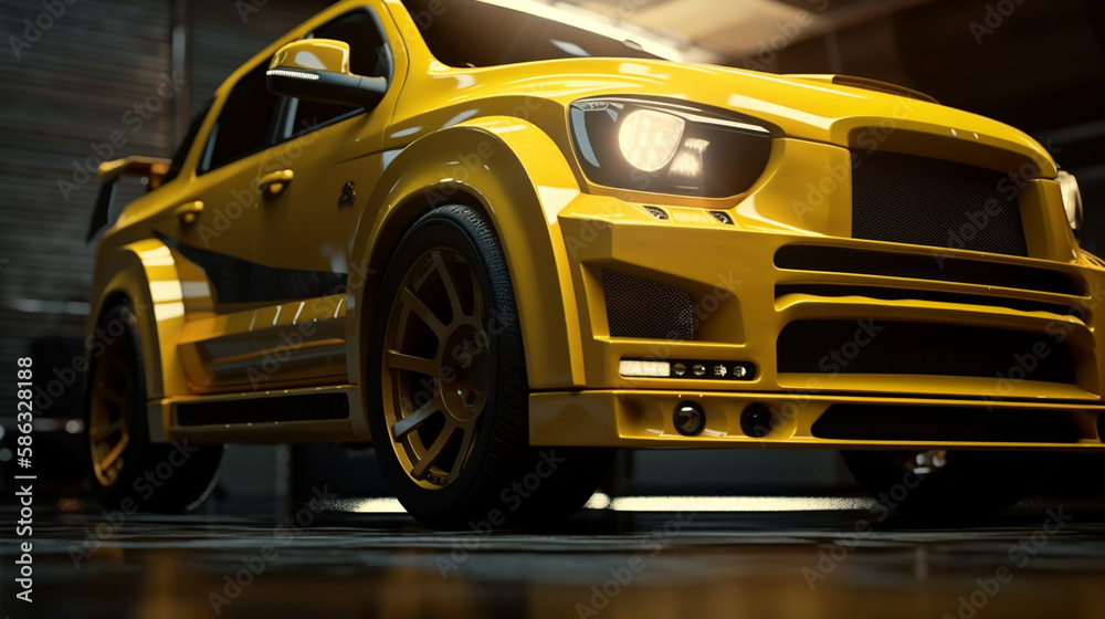 Closeup on front of generic and unbranded cars yellow 4x4 truck, generative ai illustration Closeup on front of generic and unbranded cars yellow 4x4 truck, generative ai illustration