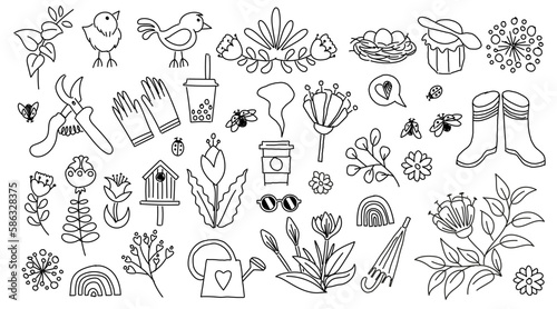 Big vector doodle on spring vibes. Floral ornament, illustrations items isolated on a white background. Handcraft line art.