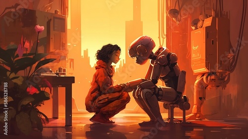 A Heartwarming Scene of an AI Robot and a Human 