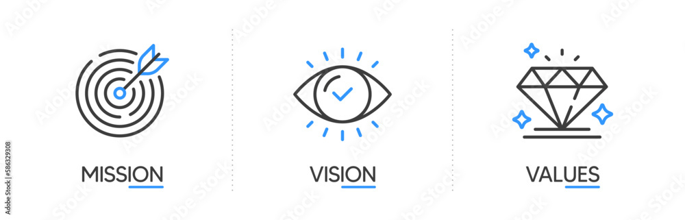 Mission, vision and values of business company. Target with arrow, business view and diamond icons. Success template. Mission purpose, leader vision and brilliant value. Infographic concept. Vector Mission, vision and values of business company. Target with arrow, business view and diamond icons. Success template. Mission purpose, leader vision and brilliant value. Infographic concept. Vector