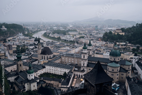 Fototapeta Naklejka Na Ścianę i Meble -  Aerial view of the city of Salzburg on a cloudy day