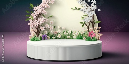 Empty podium mock up display, blank cosmetic ads stand product placement fashion ads on minimal purple background, flowers pedestal mockup scene platform ai generative promotion concept.