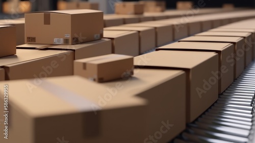 Row of brown boxes on conveyor belt against boxes in warehouse production. Generative AI