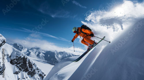 pro skier cliff jump, intense skier takes on steep slope, skier launches into thrilling mid-air maneuver, winter mountain panorama with blue sky, generative ai © CROCOTHERY