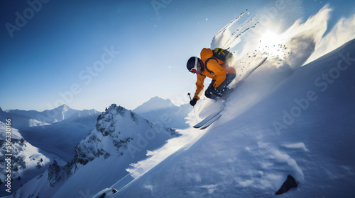 pro skier cliff jump, intense skier takes on steep slope, skier launches into thrilling mid-air maneuver, winter mountain panorama with blue sky, generative ai