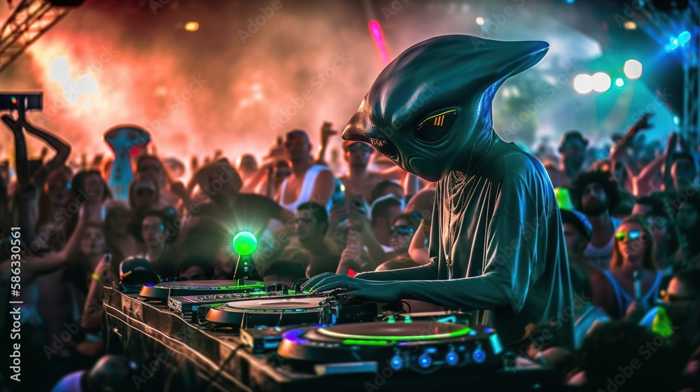 Extraordinary space alien dj in nightclub. Futuristic music disco party. Neon light. Invitation poster template. AI generative image.