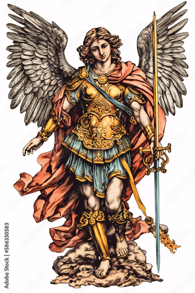 St. Michael the Archangel Illustration. Archangle Saint Michael. Generative Ai. Protection and Defense Symbol. Isolated on white background.