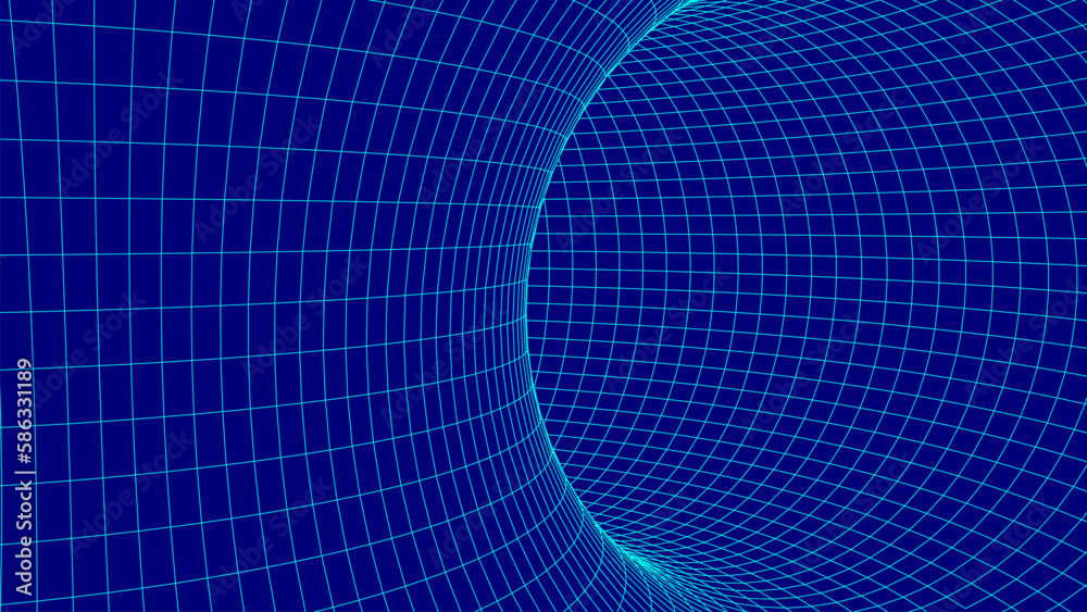 Naklejka premium Futuristic blue abstract teleport texture of wormhole portal. 3D frame hole grid or donut background. For website and banner design. Vector illustration.