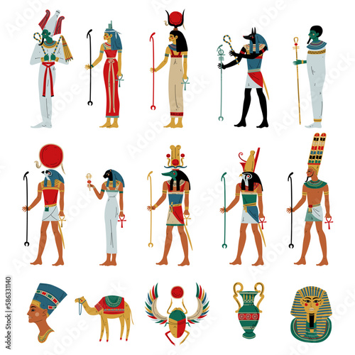 Set of Egyptian gods and goddesses. Osiris, Horus, Ra, Hathor, Ptah, Sekhmet, Maat ancient Egyptian deities vector illustration