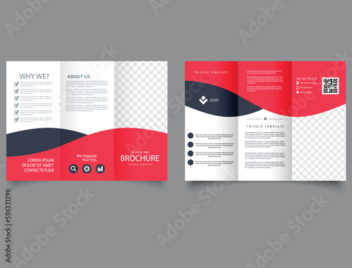 Trifold brochure with red waves. Brochure Flyer report template. Cards, Landing,