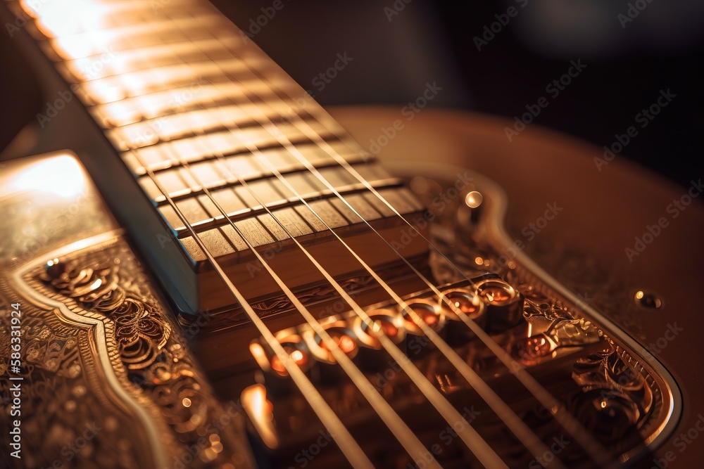 a close up of a guitar neck with a light shining on the top of the neck
