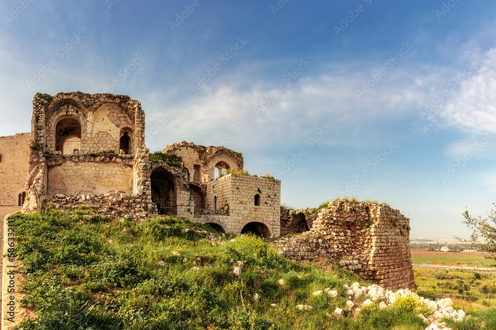 The ruins of the fortress in the Migdal Tzedek National Park, near the city of Rosh HaAyin in Israel.