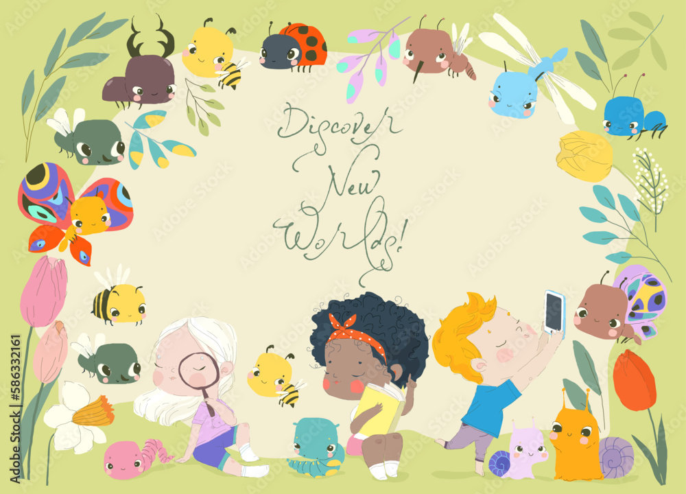 Cartoon Illustration of Happy Kids discovering Insects Cartoon Illustration of Happy Kids discovering Insects