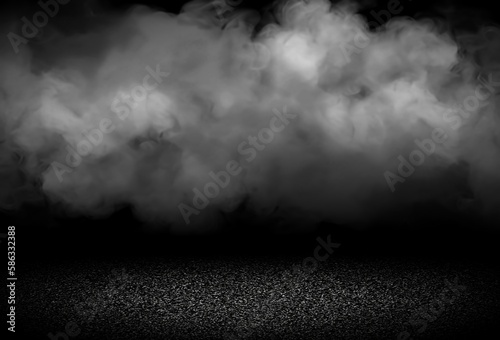 White cloud above black sanded smooth surface closeup abstract graphic. Empty background 3d. Low light. AI