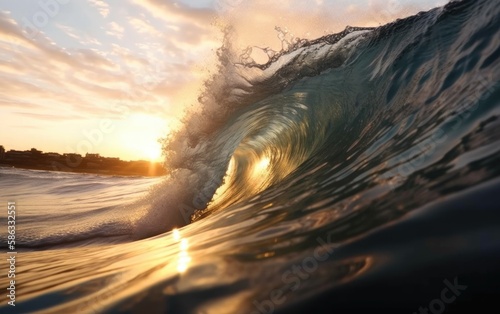 Ocean wave curl at sunrise — Generative AI